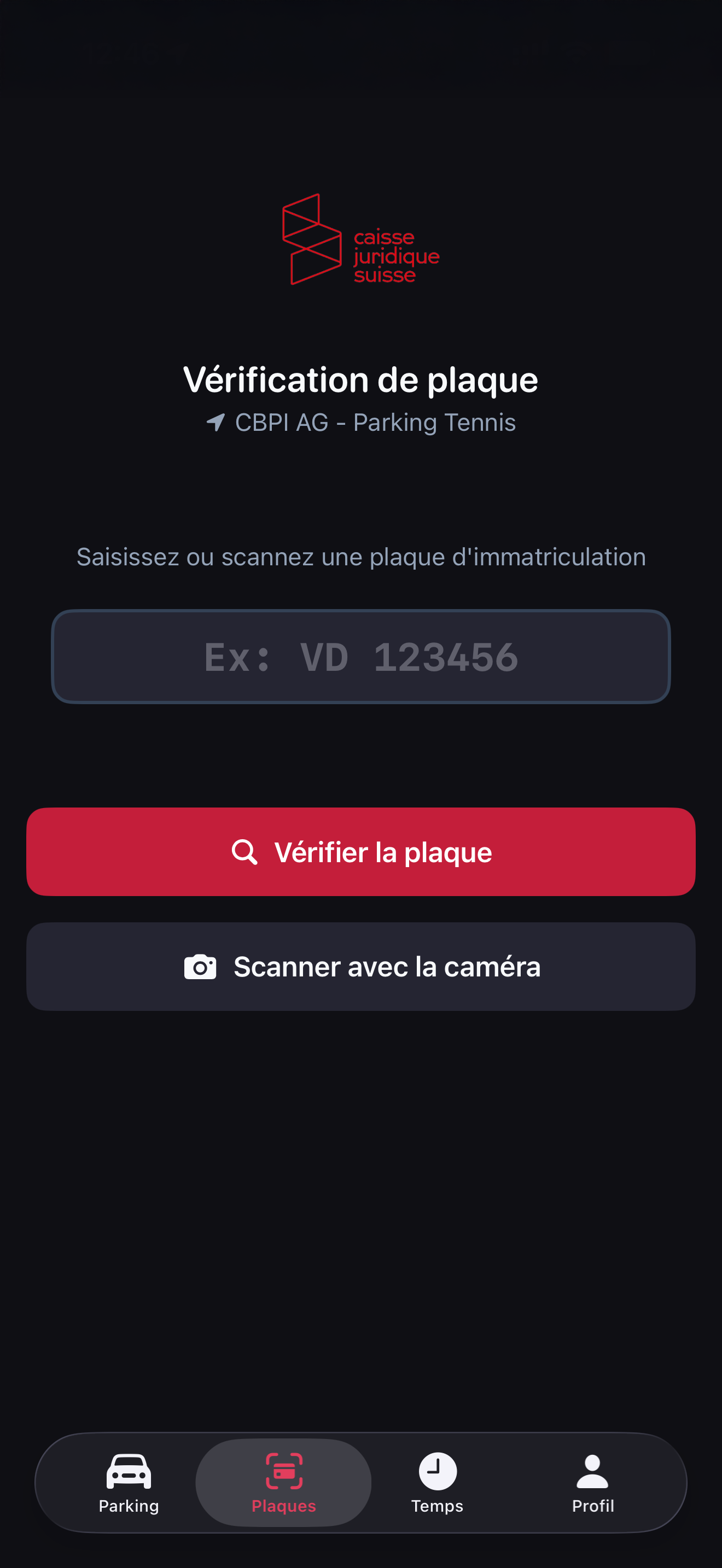 Écran de vérification de plaque dans l'application Parkinfraction